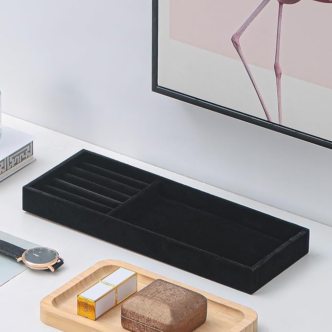 2Pcs Desk Drawer Storage Tray, Nightstand Organizer Tray, Necklace Bracelet Ring Earring Jewelry Display Tray, Grid Table Organizer Holder Tray for Sunglass, Phone, Watch, Perfume (2 grid)/Black-NeatNest