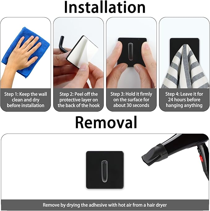 8Pcs Self Adhesive Wall Hooks, Waterproof Command Strips Hooks Including 4pcs Square Heavy Duty Hook and 4pcs Round Wall Hangers, Stainless Steel Towel Hooks for Hanging Coat Key (Black)