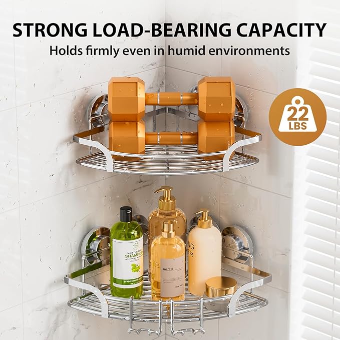 LEVERLOC Powerful Suction Cup Corner Shower Caddy 2 Pack, Stainless Steel Rustproof Shower Shelf with Hooks, Drill-Free Wall Mounted Bathroom Organizer, Large Capacity Removable Suction Basket, Silver