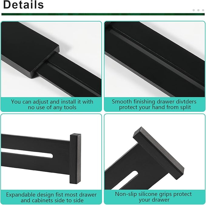 4 Pack Bamboo Drawer Dividers, Adjustable Length from 12 Inch to 17 Inch, Expandable Kitchen Drawer Organizer, Drawer Organization Separators for Clothes, Kitchen, Bedroom, Dresser, Office (Black)-NeatNest