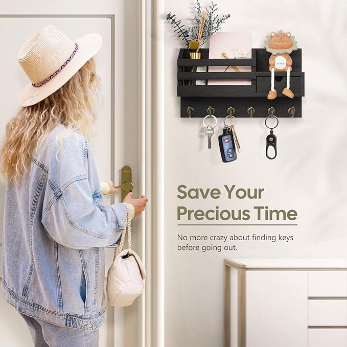 FifthQuarter Key and Mail Holder for Wall, Mail Organizer Wall Mount with 6 Hooks and Storage Drawer, Easy Installation Key Rack for Entryway and Home Decor (A-Black)