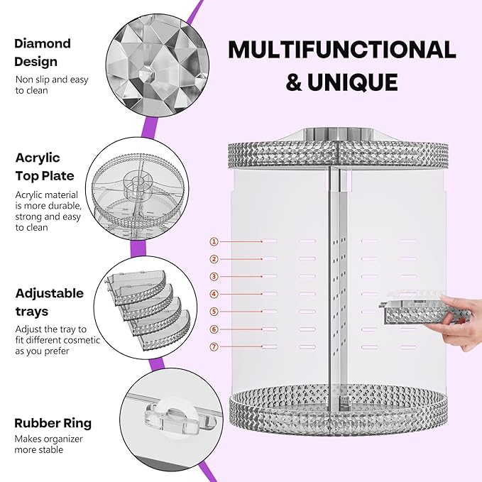 360 Degree Rotating Makeup Organizer, Extra Large Capacity Cosmetic Storage Unit, Removable DIY 7 Layers Skincare Organizer, Acrylic Beauty Perfume Organizer for Vanity Countertop (Gray)-NeatNest