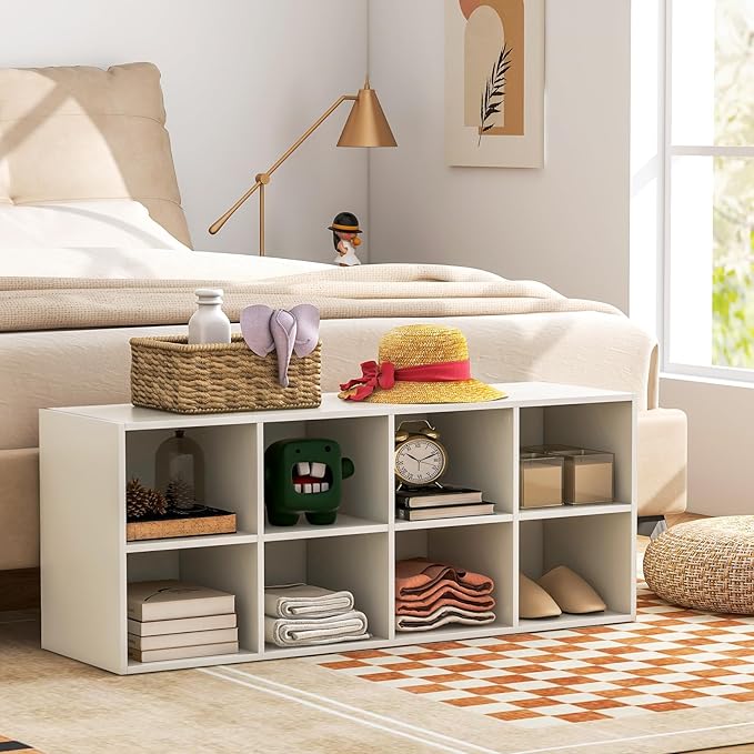 Tangkula 8 Cubbies Shoe Storage Bench, Shoe Organizer with 500 LBS Weight Capacity, Cubby Shoe Rack Storage Cabinet for Entryway, Hallway, Living Room and Bedroom (White)