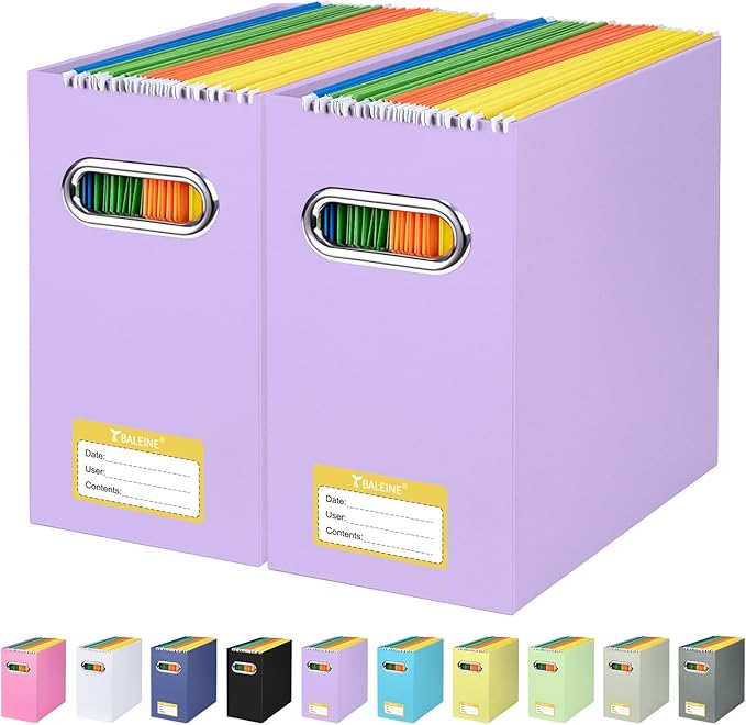 BALEINE File Organizer Box, Cardboard File Folder Organizer with Handle for Letter Size, Portable Collapsible Hanging Filing Box for Home Office Document Storage (2 Pack, Lavender)-NeatNest
