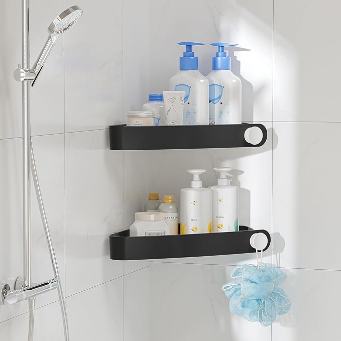 Sotfamily Shower Caddy Corner, 2 Pack Adhesive Corner Shower Shelves for Bathroom Organizers and Storage, Rust Free Plastic Rack for Bathroom Accessories & Decor, Black