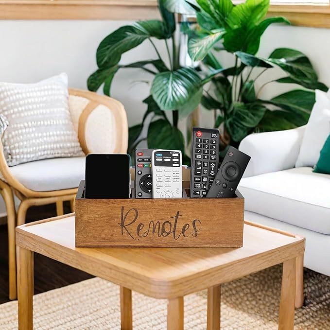 Acacia Wood Remote Control Holder Caddy, TV Organizer for Table, Vintage Farmhouse Desk Caddy (Brown-for 6+ Controls)-NeatNest