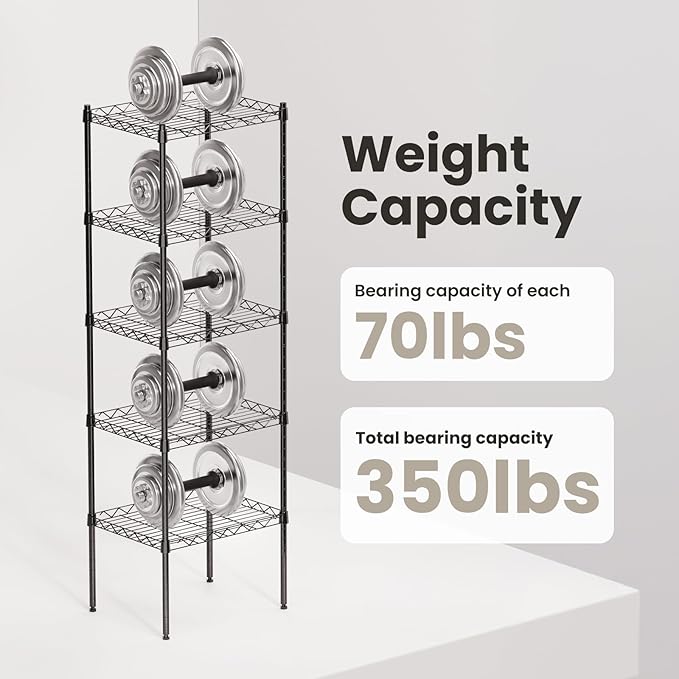 5 Tier Shelves, 16.9"x 13"x 53.9" Utility Rack Shelf, Metal Storage Shelving, Adjustable Wire Shelving Units, Heavy Duty Storage Organizer for Garage Laundry Office, Black