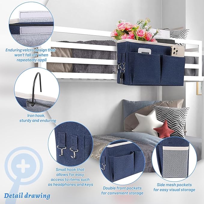 Bedside Caddy Hanging Storage with Water Bottle Holder for Bunk Bed Hospital Bed Dorm Rooms (Dark Blue)-NeatNest