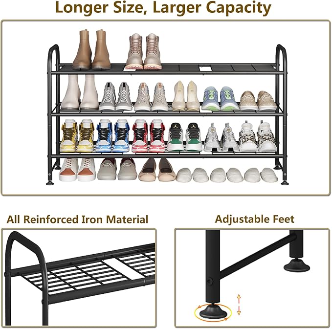 LINZINAR Shoe Rack 3 Tier Long Metal Shoe Organizer for Closet Entryway Black-NeatNest