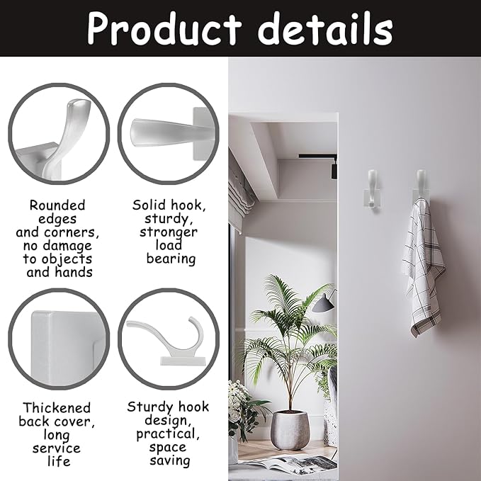 2 Pack Towel Holder for Bathroom Wall Hooks, Bath Towel Rack Shower Towel Holder, Robe Hook Heavy Duty Coat Hooks Entryway Wall Mounted for Hanging Key Robe Hat Backpack (Silver)