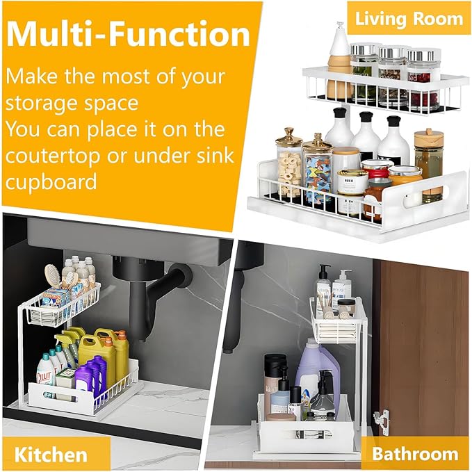 Under Sink Organizers and Storage 2 Tier Slide Out Kitchen Cabinet Organizer Sturdy Metal Bathroom Storage (White, 1 Pack)-NeatNest