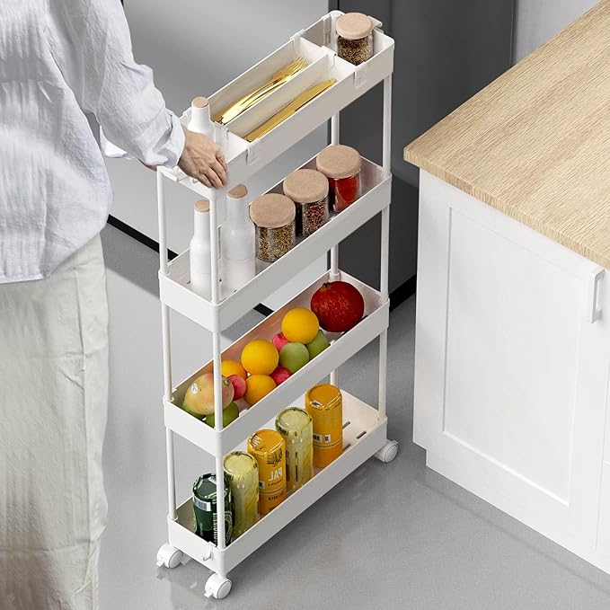 SPACELEAD Slim Storage Cart 4 Tier,Bathroom Organizer Rolling Utility, Mobile Shelving Unit Slide Out for Office, Kitchen, Laundry Room & Narrow Places,White-NeatNest