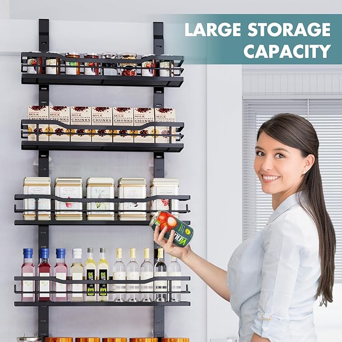 Over The Door Pantry Organizer,6-Tier Over The Door Organizer with Adjustable Basket,Metal Hanging Pantry Organizers and Storage for Kitchen, Back of Door Seasoning Rack (Black)