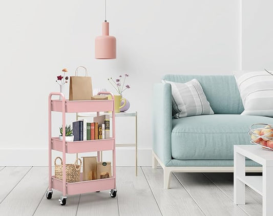 CAXXA 3-Tier Rolling Metal Storage Organizer - Mobile Utility Cart with Caster Wheels, Pink-NeatNest