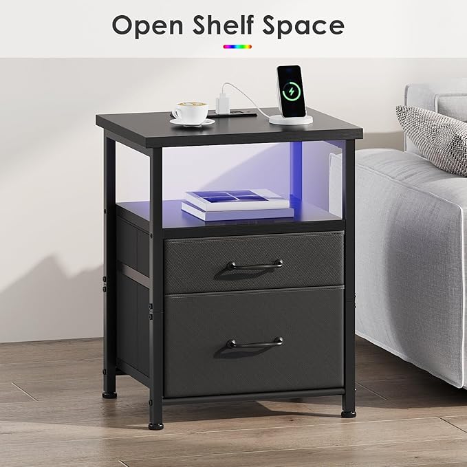 Black Nightstand with Charging Station, LED Night Stand with 2 Fabric Drawers, Side Table with Open Shelf, End Table with Outlets and USB Ports, 2 Drawer Dresser for Bedroom, Easy Assembly-NeatNest