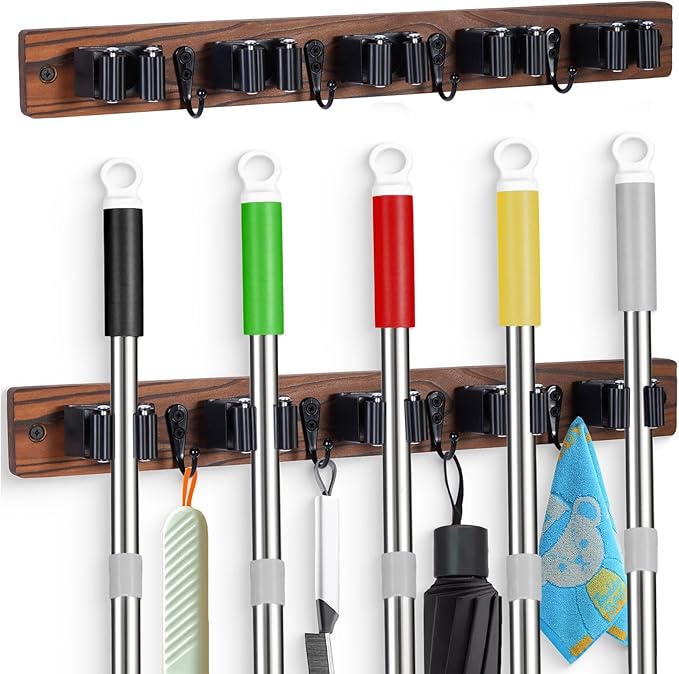 2 PACK Broom Holder Wall Mount With 5 Slots & 4 Hooks,Rustic Wood Broom & Mop Hanger,Wall Mounted Garden & Garage Tool Storage Organizer Rack for Closet Laundry Room or Kitchen Wall Decor-NeatNest