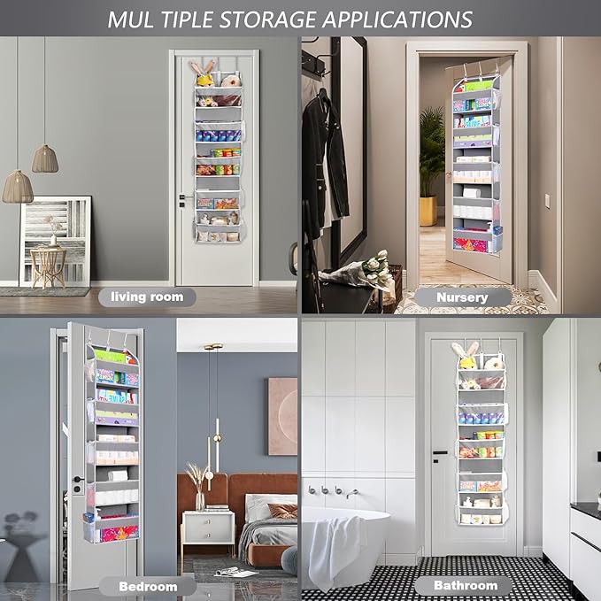 2 Pack Over The Door Storage Organizer with 5 Pockets 10 Mesh Side Pockets, 44 lbs Weight Capacity Door Hanging Organizers and Storage for Bedroom,Bathroom,Nursery,Pantry,Dorm(Light Gray)-NeatNest