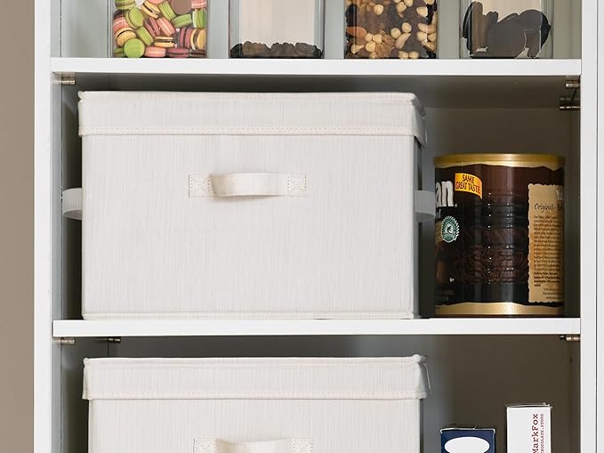 StorageWorks Fabric Storage Bins with Lid, Decorative Storage Boxes for Shelves, Stackable Closet Organizer Basket with Handles, Large, Mixing of Beige, White & Ivory, 2-Pack-NeatNest