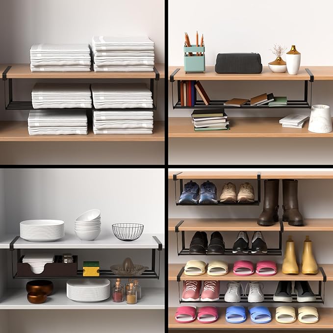 2 Pcs Expandable Shoe Rack Organizer for Closet 16.5-31.5 Inch Adjustable Retractable Hanging Cabinet Shoe Shelf Dorm Room Storage for Space Saving (Black)-NeatNest
