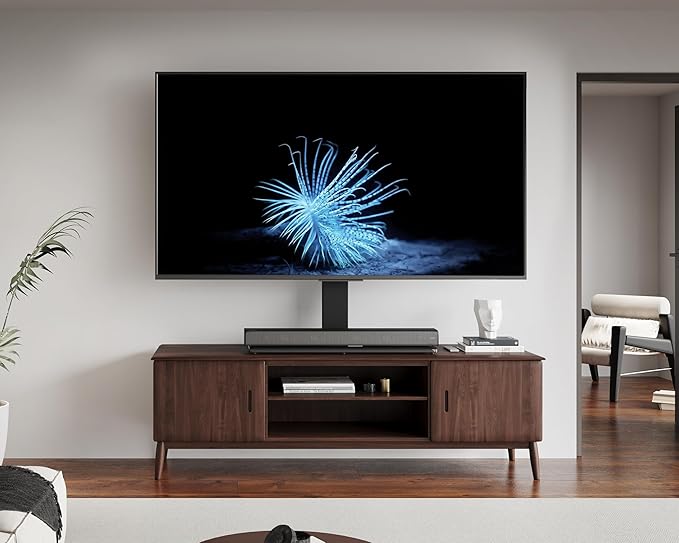 FITUEYES Universal TV Stand with Swivel Mount for 50-85 inch Flat Screens - Height Adjustable Tempered Glass Base Holds up to 143 lbs