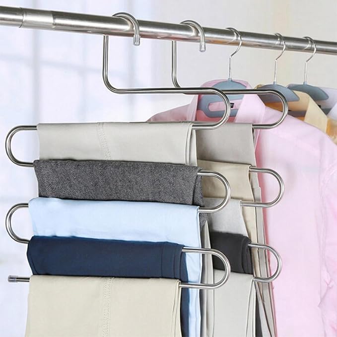 devesanter Pants Hangers Non-Slip S-Shape Trousers Hangers Stainless Steel & Rubber Clothes Hangers Closet Storage Organizer for Pants Jeans Scarf (6 Pack with 10 Clips)-NeatNest