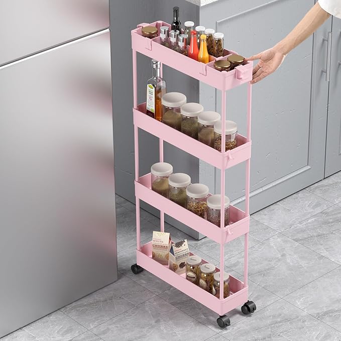 SPACELEAD Slim Storage Cart 4 Tier,Bathroom Organizer Rolling Utility,Mobile Shelving Unit Slide Out for Office, Kitchen, Laundry Room & Narrow Places,Pink-NeatNest