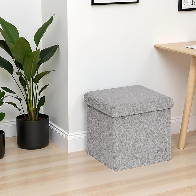Folding Storage Ottoman Cube - Small Footrest with Sherpa Top, Multi-Functional Storage for Bedroom, Living Room-Grey