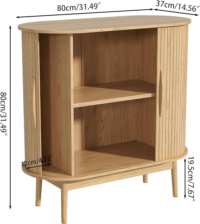 Accent Small Storage Cabine, Buffet Cabinet with Storage, Mid Century Modern Sliding Door Sideboard Cabinet for Kitchen, Entryway (Oak)