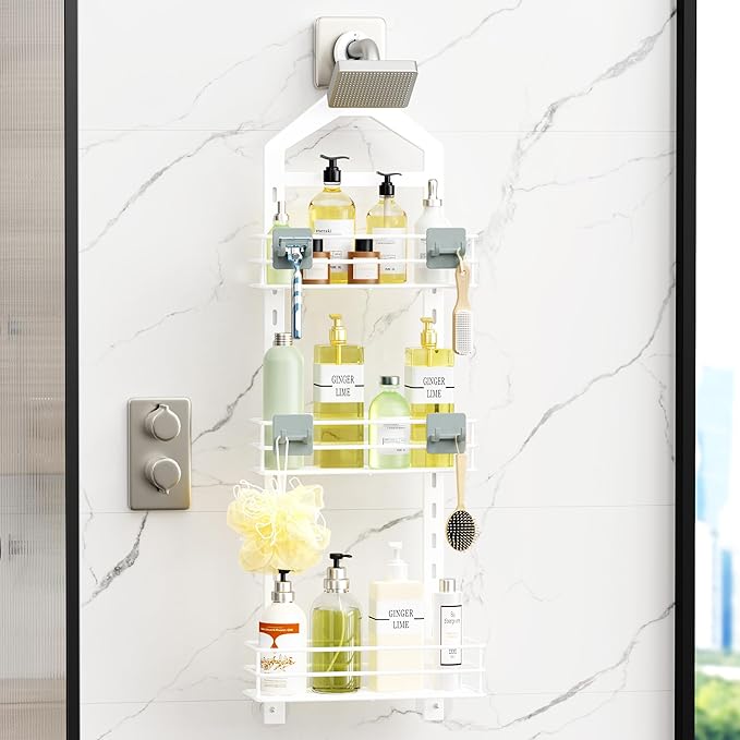 Orimade Adjustable Anti-slip Shower Caddy Over Head, Rustproof Bathroom Hanging Organizer with 2 Hooks, No Drilling Shower Shelves Storage Rack 3 Tier, White
