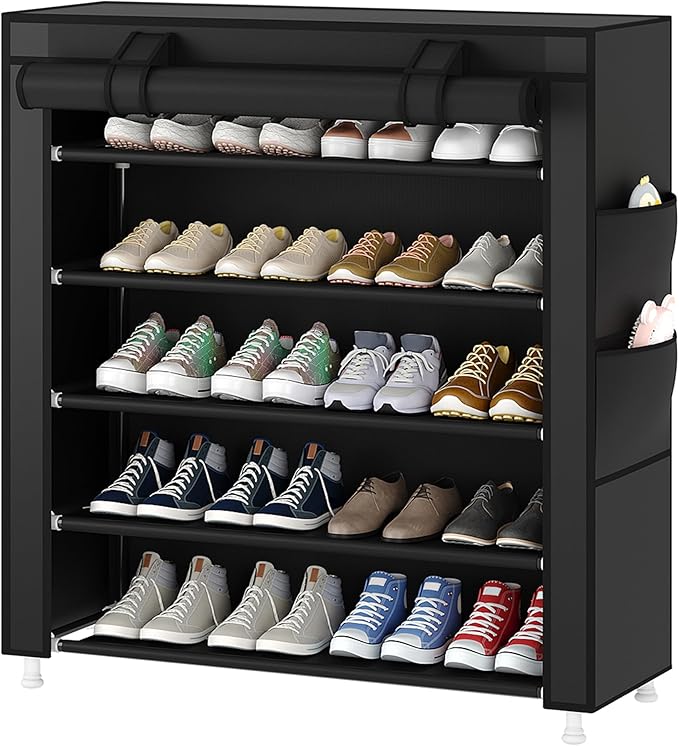 Laiensia 5-Tier Vertical Shoe Rack Organizer, Space Saving Shoe Storage Organizer, Non-Woven Cover Shoe Shelf Holds 20-25 Pairs for Bedroom, Hallway, Closet Entryway, Black-NeatNest