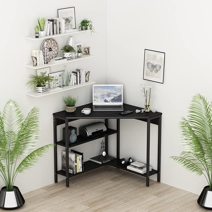 Corner Desk with Outlets & USB Ports, 90 Degree Triangle Corner Table with CPU Stand & Storage Shelves for Small Space, Computer Table with Charging Station for Home Office Bedroom (Black)-NeatNest
