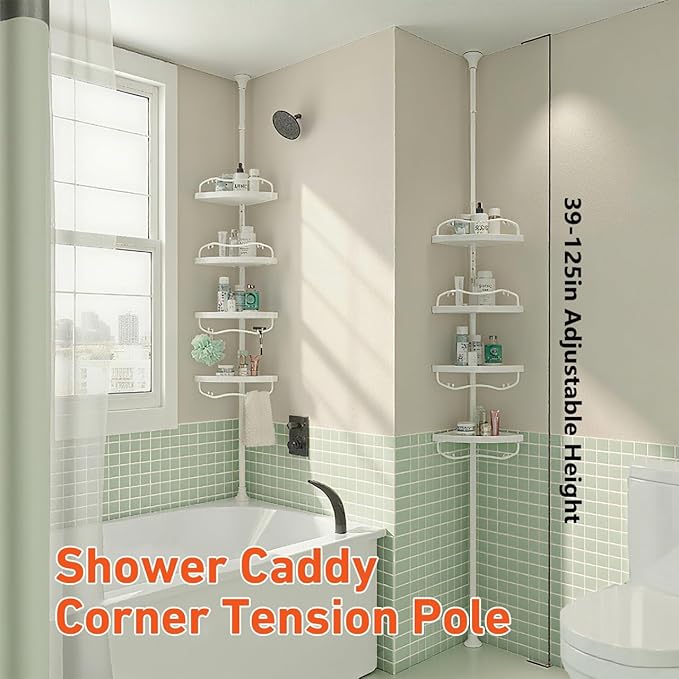 Corner Shower Caddy with Tension Pole, Rustproof ABS Shower Shelves with 56-125 Inch Steel Poles, Drill Free Shower Organizer, 4 Layer Adjustable Shelves, Silver