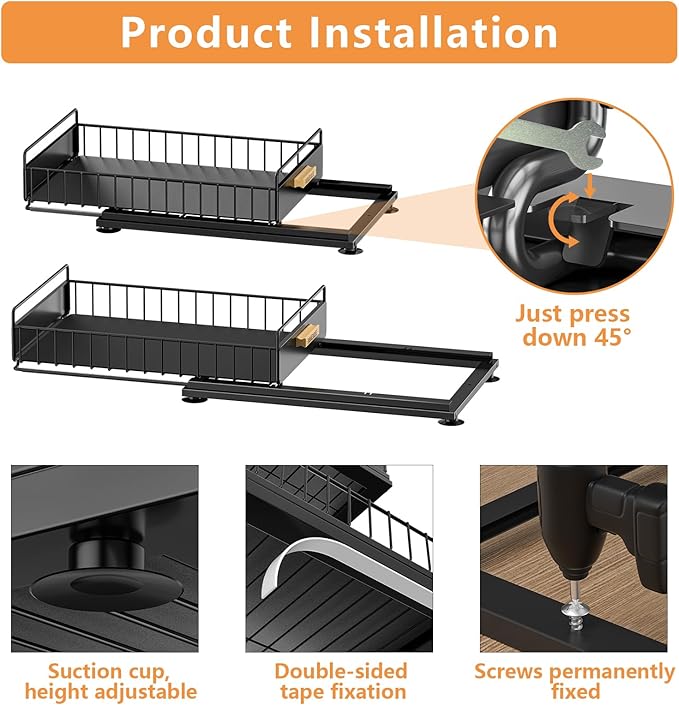 Under Sink Organizer, 2 Packs Under Sink Organizers and Storage, Slide Out Pull Out Cabinet Organizer Shelf with Metal Drawers for Kitchen Bathroom Pantry, Black-NeatNest
