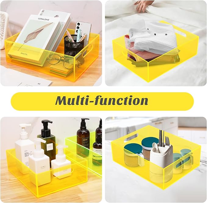 Acrylic Storage Bin Pantry Storage Container with Handles Kitchen Organizer Bin for Cabinet Cupboard Organization, Heavy Duty, 12.6 x 9.4 x 4'', Neon Yellow
