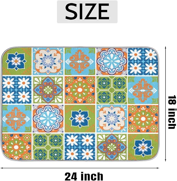 Dish Drying Mat for Kitchen Counter - Absorbent Microfiber Drying Rack Pads Reversible Dish Pad Draining Mats for Countertop Coffee Mats,18x24 inch(Mexican Talavera)