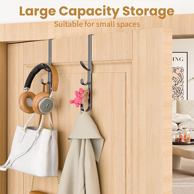 Over the Door Hooks hanger,over the door towel hook Organizer hanging for coat clothes backpack hat purse Metal Towel Rack Back of Shower for Bathroom,Dorm,Bedroom,Kitchen,Office Closet (Black-2Packs)