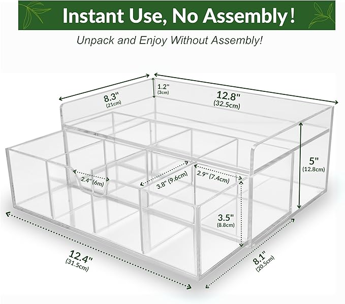 Acrylic Tea Station Organizer for Countertop - Tea Bag Organizer Drawer, Clear Lucite K Cup and Coffee Pod Storage box with 8 Compartments, Tea Caddy Creamer Holder Display Stand-NeatNest