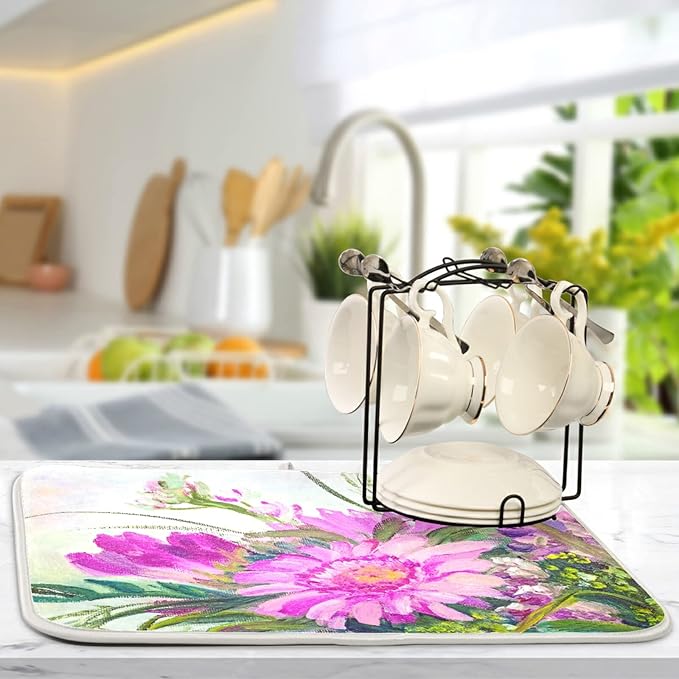 Absorbent Dish Drying Mat for Kitchen Counter - Oil Painting Flowers Microfiber Drying Pad, Reversible Drainer Mats for Countertop, Large 18" x 24"