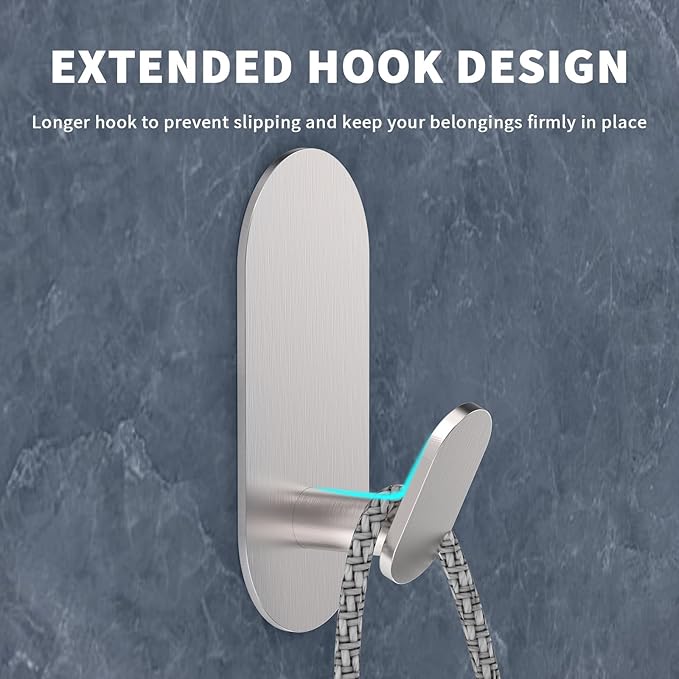 Adhesive Towel Hooks for Bathrooms 4 Pack Brushed Nickel Stainless Steel and Zinc Alloy Sticky Wall Hooks for Hanging Heavy Duty Self Adhesive Robe Shower Hanger for Kitchen, Closet, Cabinet, Door