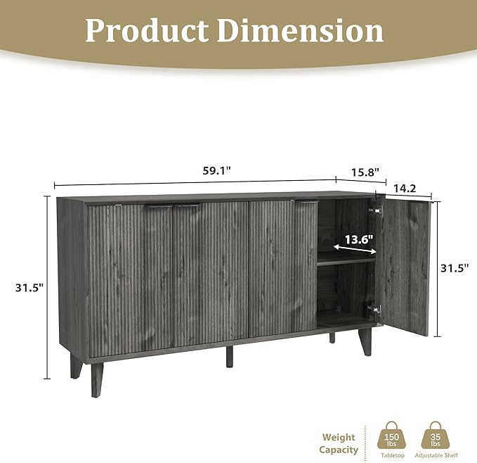 Fluted Cabinet with Storage, Buffet Sideborad with 4 Doors Kitchen Buffet Storage Accent Cabinet with Adjustable Shelves for Living Room, Entry, Hallway, Black&Grey