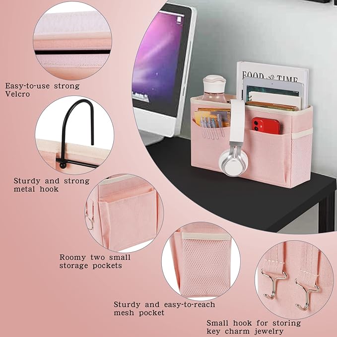 Bedside Caddy Bedside Storage Organizer Hanging Bunk Bed Dorm Room with Side Pockets for Water Bottles, Books, Cell Phones, Headphones 2 Pack (Pink)-NeatNest