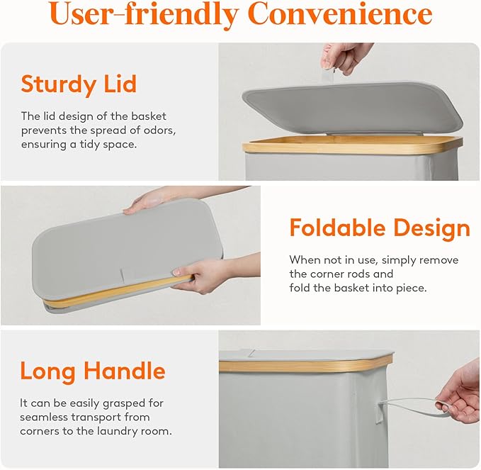 Lifewit 65L Slim Laundry Hamper with Lid, Narrow Laundry Basket with Removable Bag & Bamboo Handles, Fodable Thin Dirty Clothes Hamper for Laundry Collapsible Bin for Bathroom Bedroom Dorm,Silver Grey-NeatNest