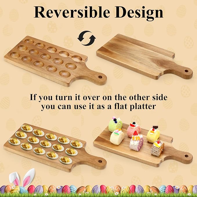 Acacia Wood Egg Platter for Deviled Eggs Container Counter Wooden Charcuterie Board Plates Easter Gift Small Devilled Egg Holder Carrier Cheese Board Hosting Essentials Devil Eggs Dish Serving Tray