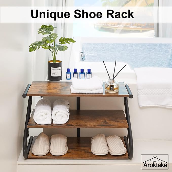 3-Tier Shoe Rack, Z-Frame Wooden Shoe Shelf with Durable Metal Shelves for Hallway, Living Room, Closet, Bedroom (Rustic)-NeatNest