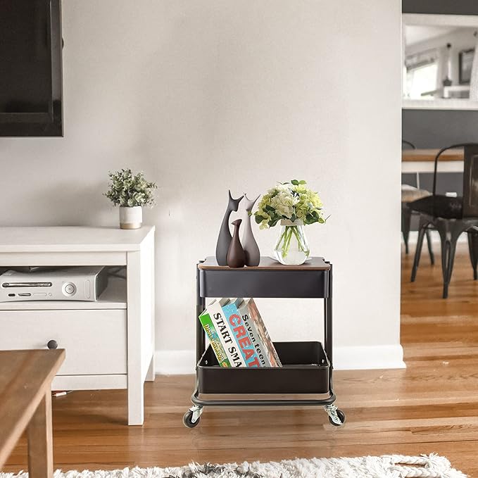 Melody House 2 Tier Metal Utility Rolling Cart Storage Organizer with Cover Board, Mobile Trolley Sofa Side Table with Wheels for Office Home Kitchen Organization, Black