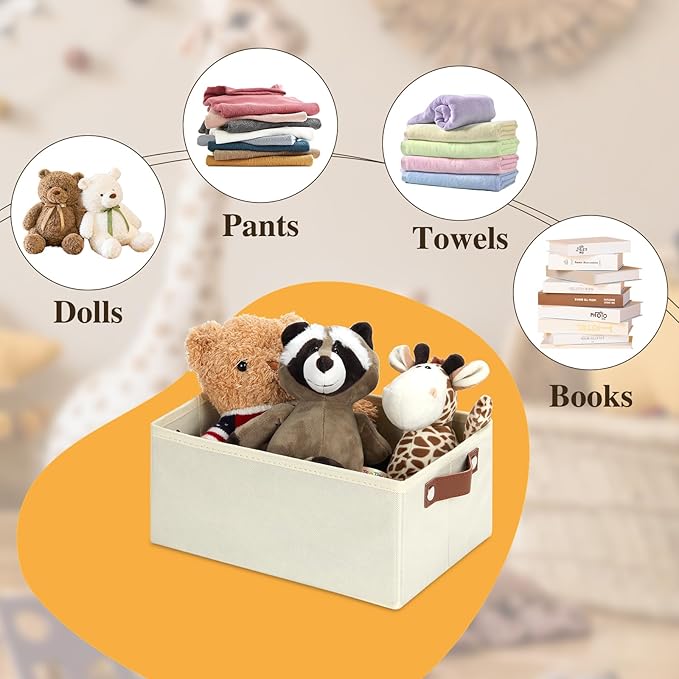 DULLEMELO Fabric Storage Bin with PU Handles, Decorative Basket and Organizer, Collapsible Bin for Toy and Clothes Storage (Light Beige, 11.8L*7.9W*5.1H)-NeatNest