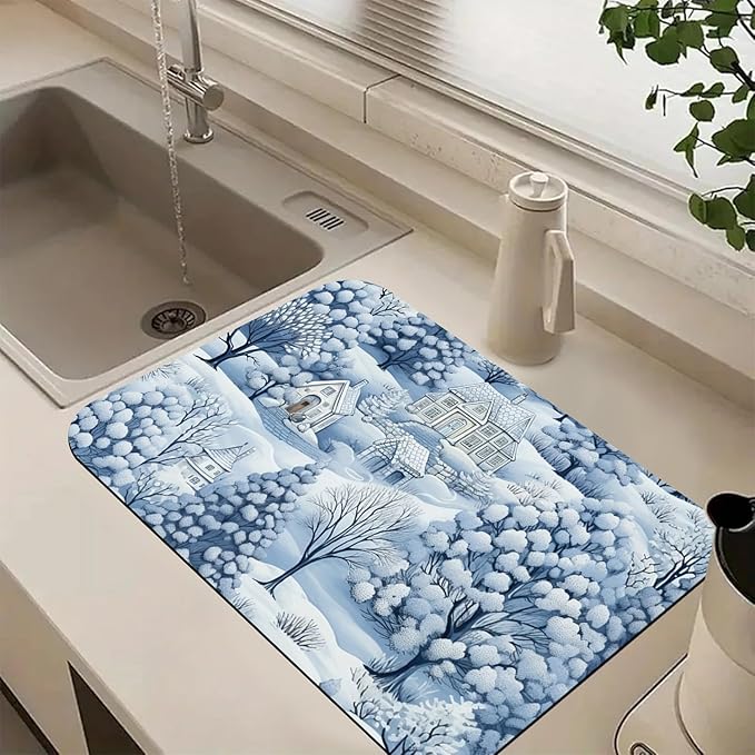 Hello Winter Dish Drying Mats Super Absorbent Dish Drainer Rack Pad Non-Slip Drying Mat for Kitchen Counter, 24"x16"
