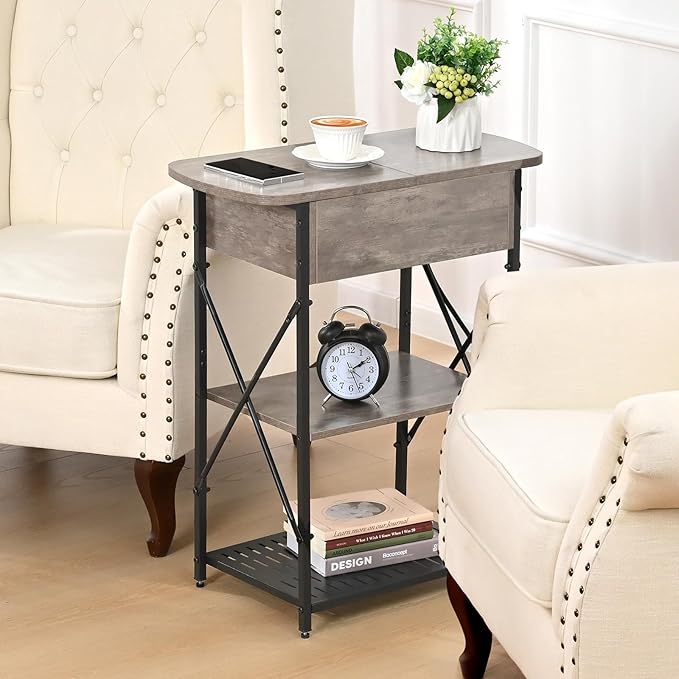 Narrow End Table with Charging Station, Grey Side Table with 3 USB Ports and 2 AC Outlets, Flip Top End Table with Storage, Bedside Table with Drawer, Side Tables Living Room, Bedroom