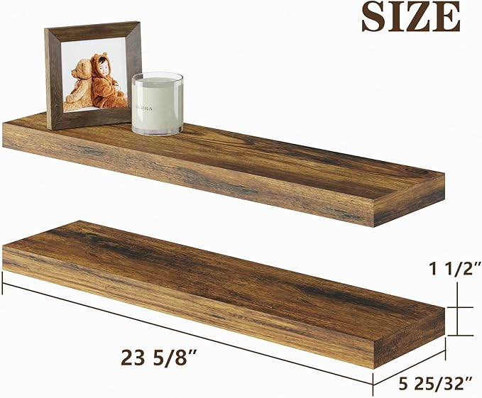 BAMEOS Floating Shelf,Wall Shelf,Decor Wall Mounted Shelves,Hanging Shelf Set L24xW6 for Bathroom Kitchen Living,Kitchen,Room Bedroom Storage, Rustic Brown-NeatNest