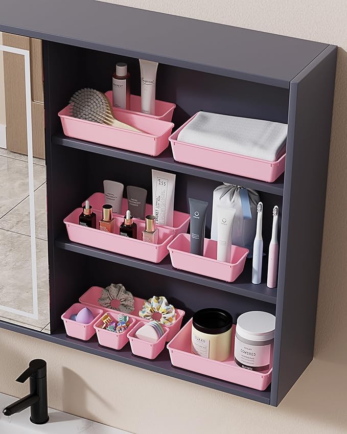 25 PCS Plastic Drawer Organizers Set, 4-Sizes Vanity and Makeup Organizer, Desk and bathroom Drawer Organizer Trays, Organizers and Storage for Makeup, Jewelry, Gadgets, Utensils (Pink)-NeatNest